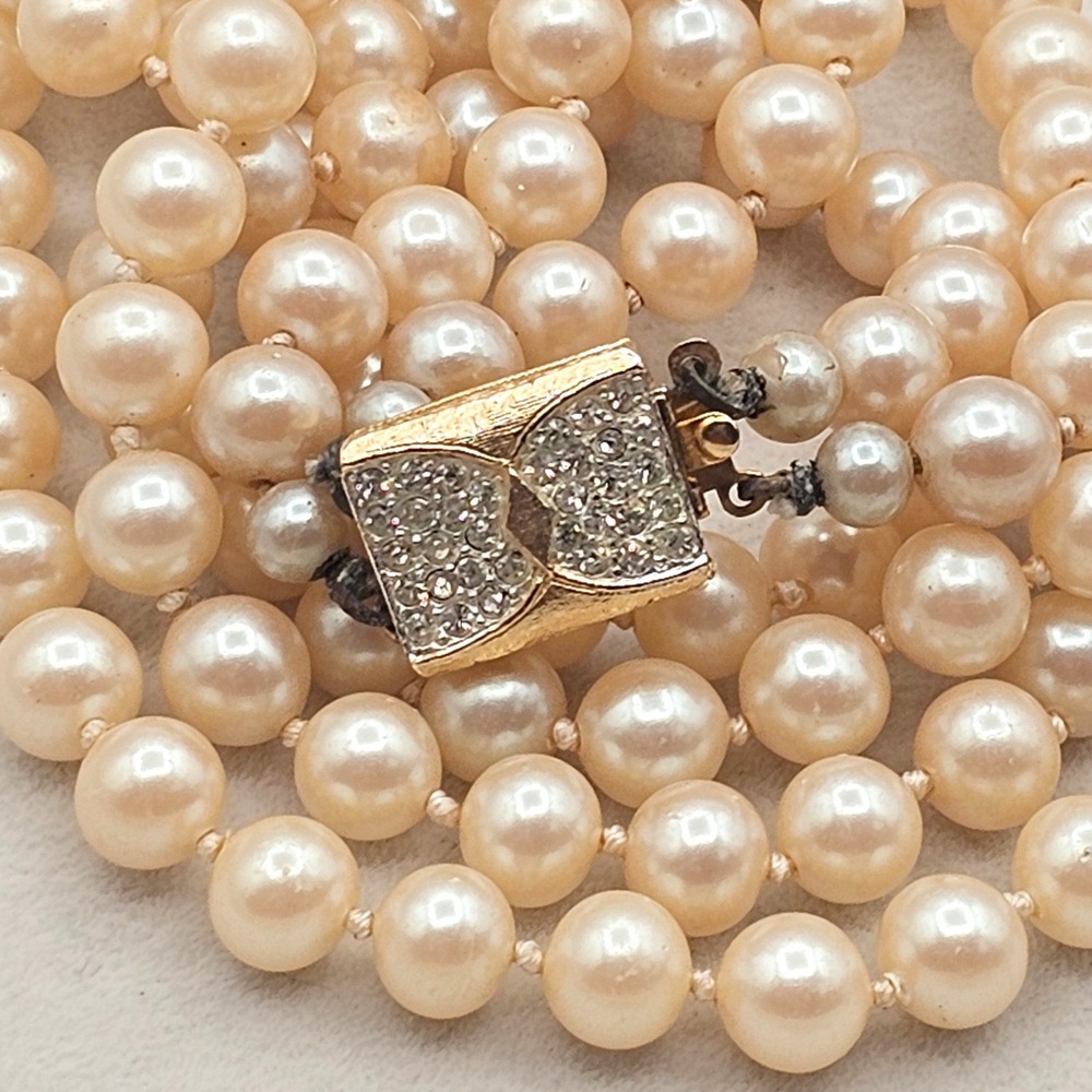 Vintage Vendome Faux Pearl Necklace Double Strand Rhinestone Clasp Hand Knotted